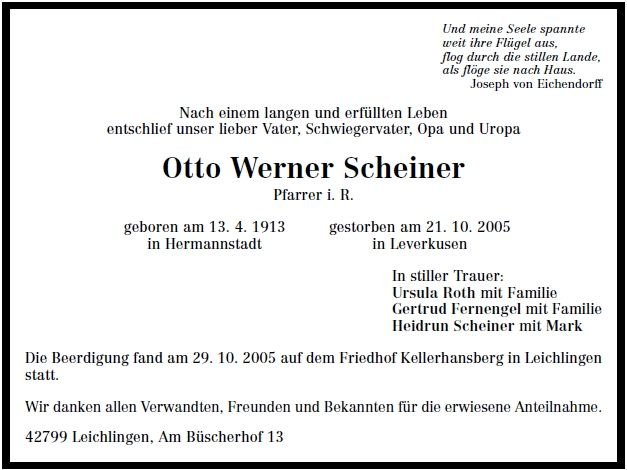 Scheiner Otto 1913-2005 Todesanzeige